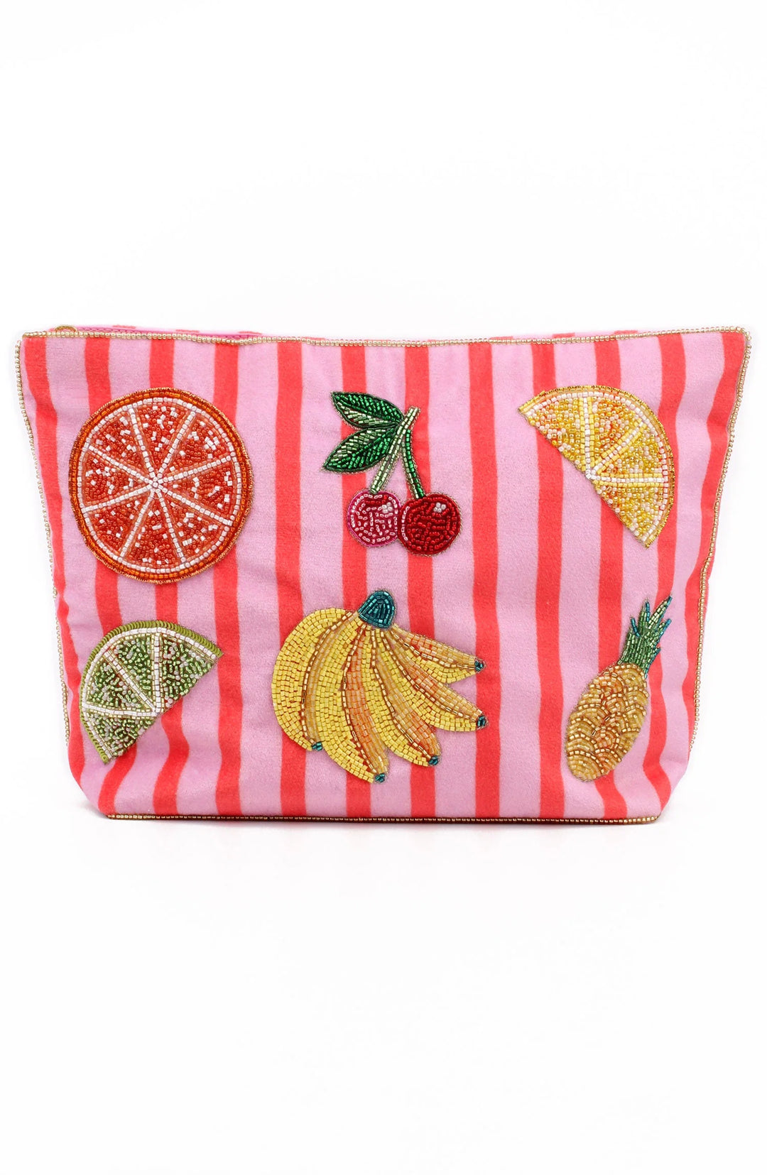 Handcrafted Multi Fruit Stripe velvet pouch with colourful beaded fruit motifs and zip closure
