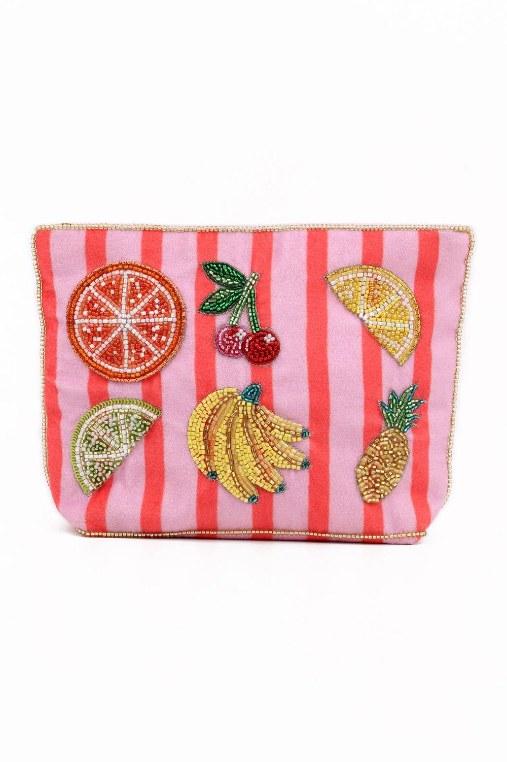 Handcrafted Multi Fruit Stripe velvet pouch with colourful beaded fruit motifs and zip closure