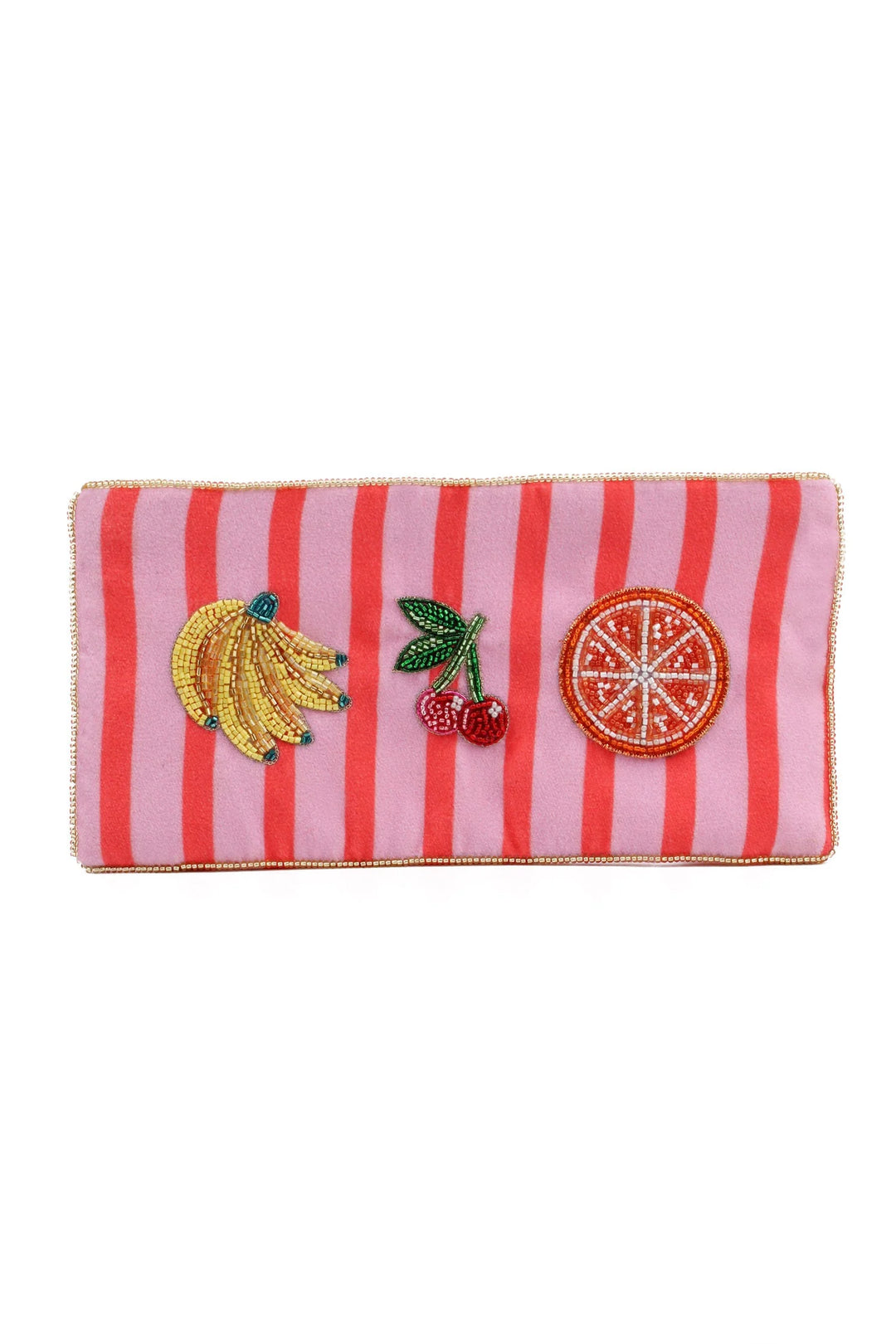 Handcrafted Multi Fruit Stripe velvet pouch with colourful beaded fruit motifs and zip closure