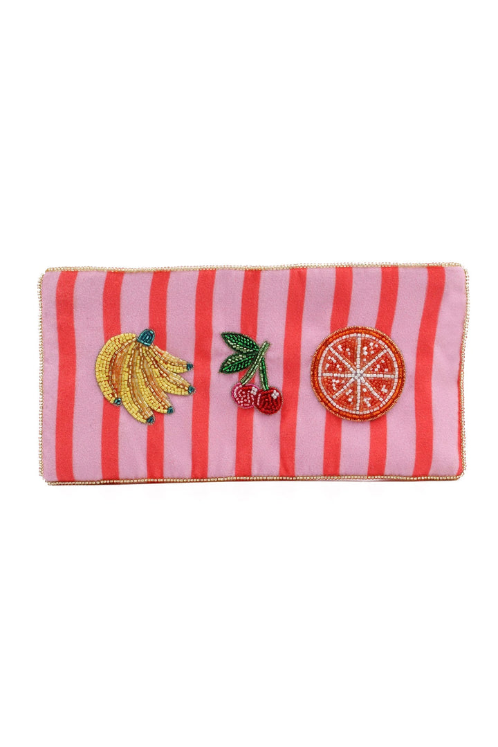 Handcrafted Multi Fruit Stripe velvet pouch with colourful beaded fruit motifs and zip closure