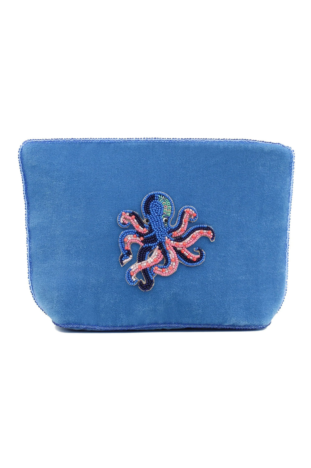 Blue velvet octopus beaded pouch with pink beadwork and shimmering sequin details