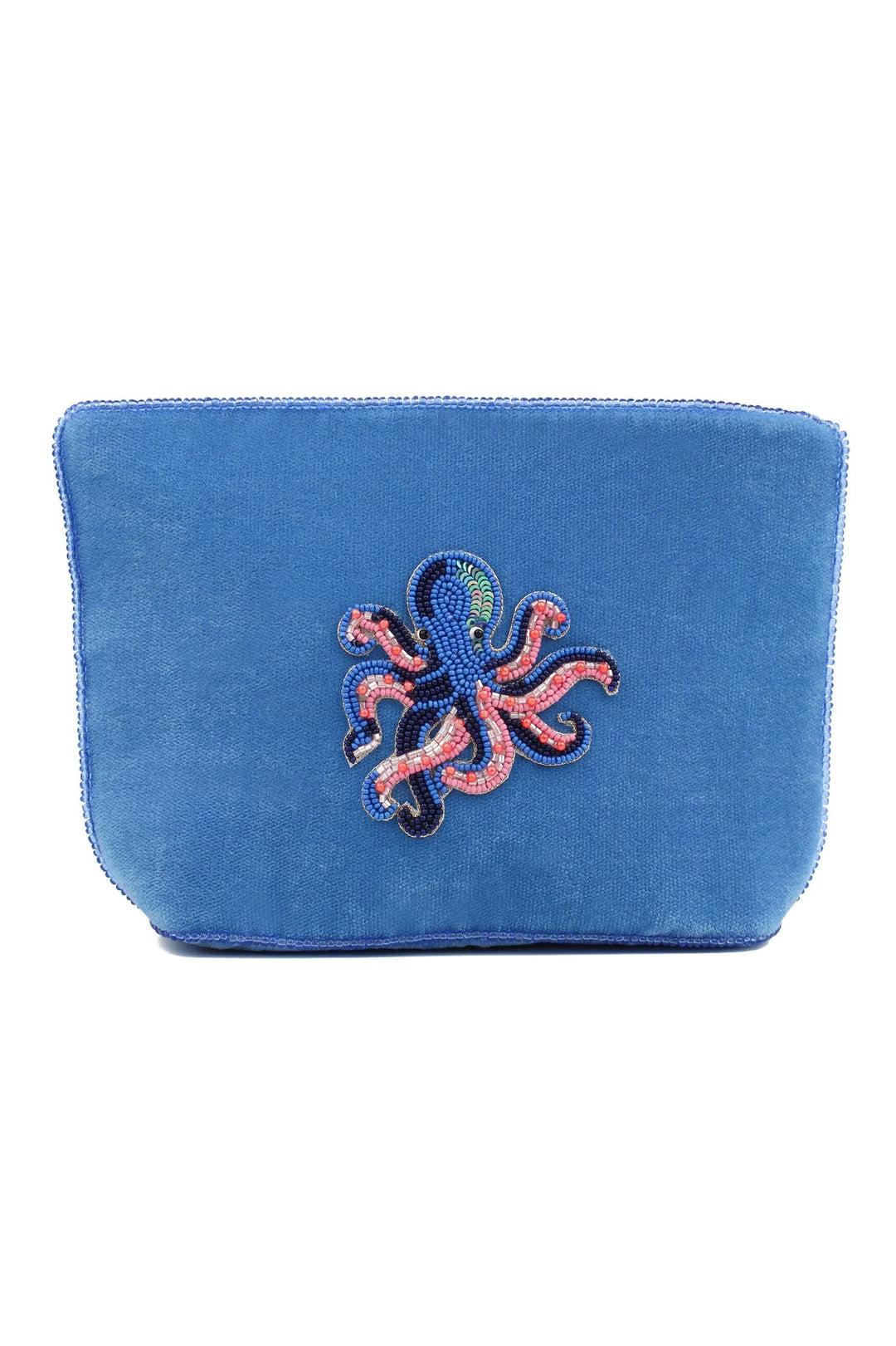 Blue velvet octopus beaded pouch with pink beadwork and shimmering sequin details