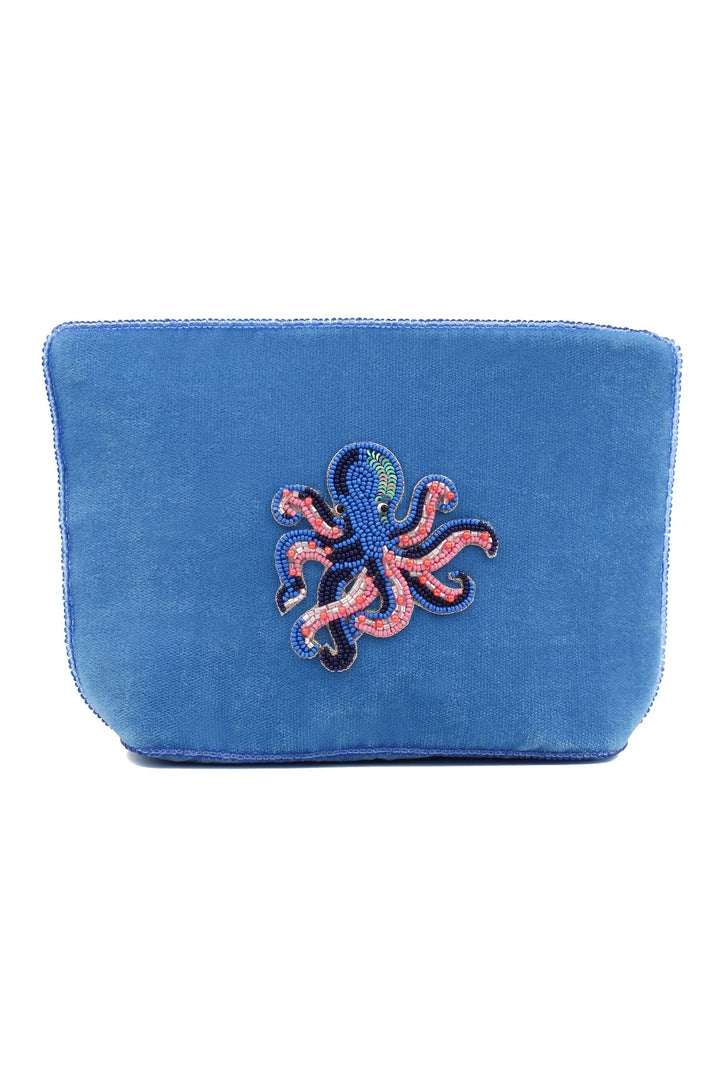 Blue velvet octopus beaded pouch with pink beadwork and shimmering sequin details