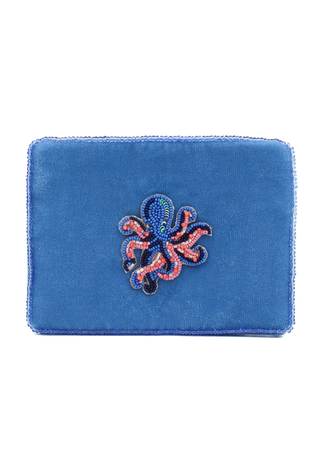 Blue velvet octopus beaded pouch with pink beadwork and shimmering sequin details