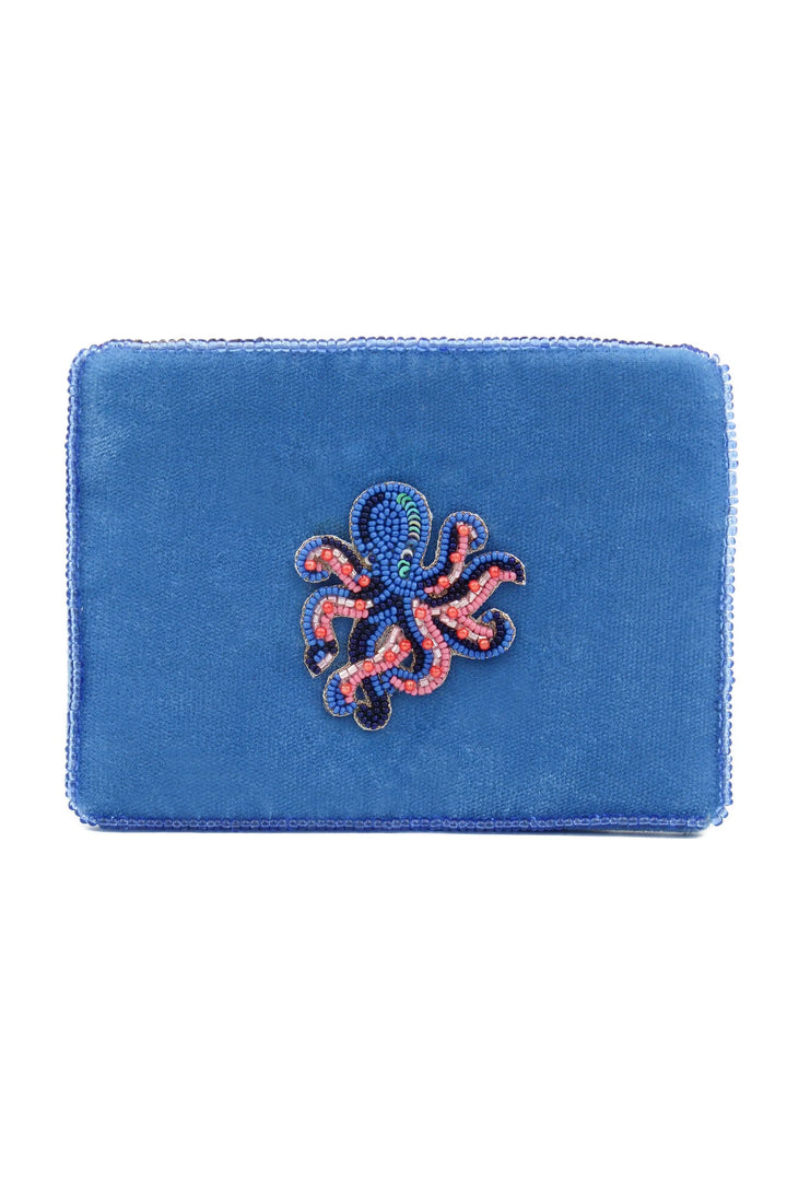 Blue velvet octopus beaded pouch with pink beadwork and shimmering sequin details