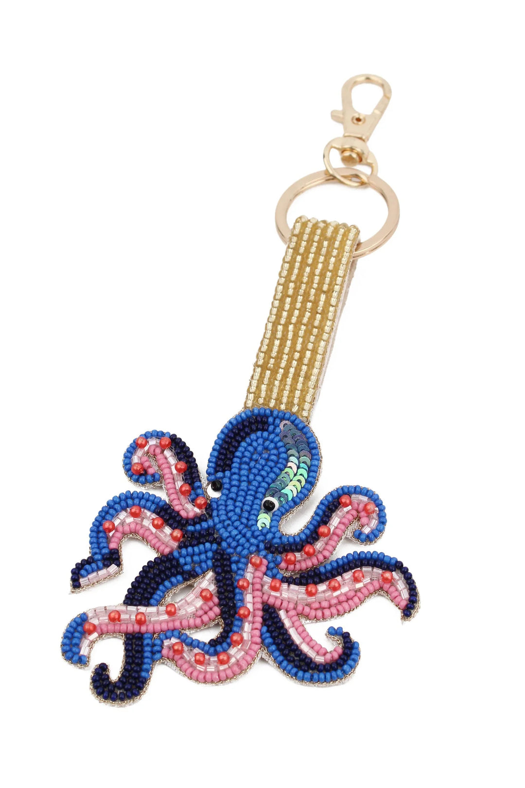 Blue and pink octopus beaded keyring and bag charm with shimmering beadwork