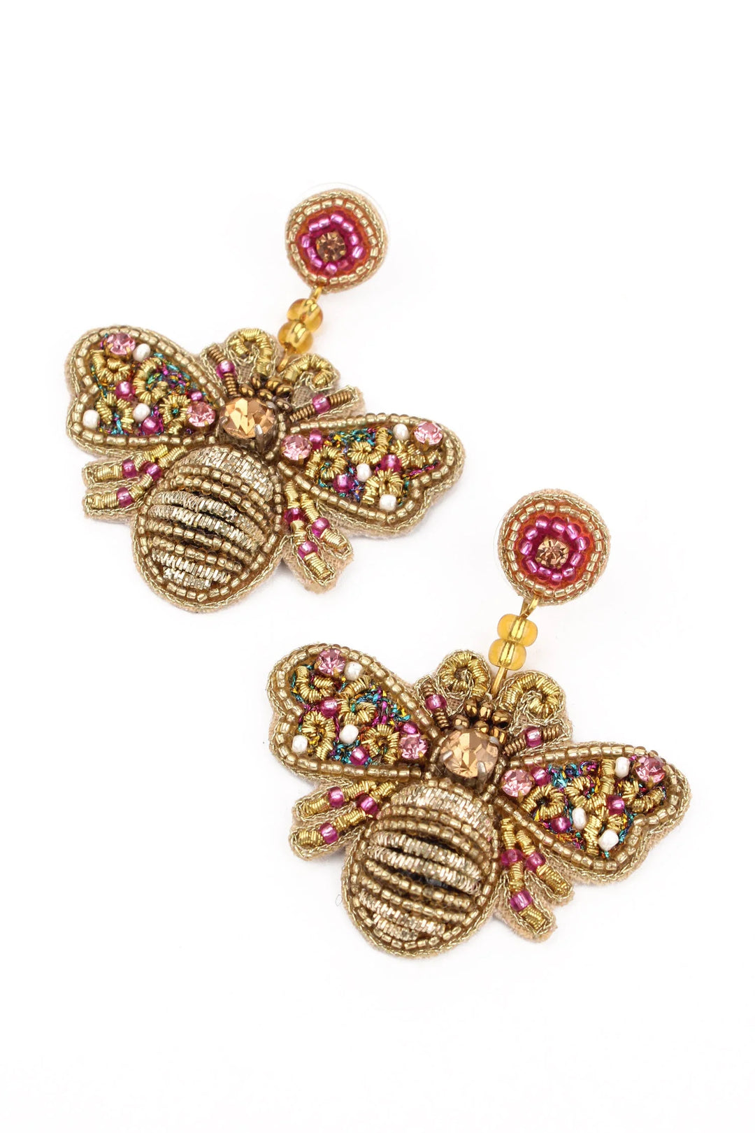 Handcrafted Pink Bee beaded statement earrings with intricate glass bead detailing