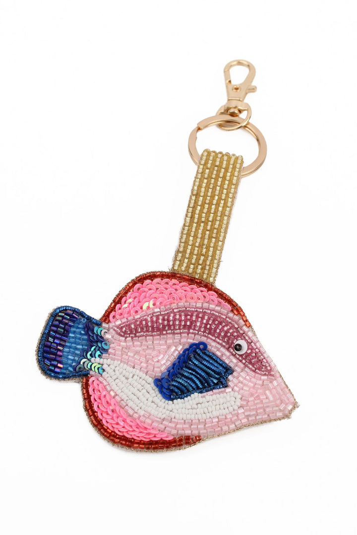 Blue and pink fish beaded keyring and bag charm with shimmering sequin details