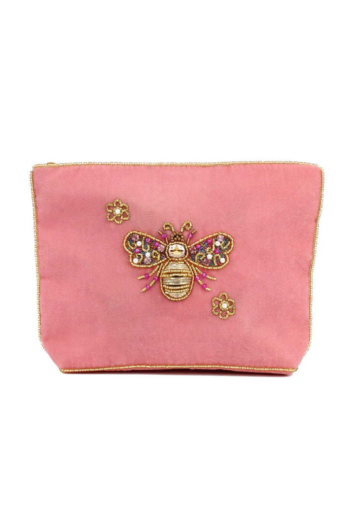 Handcrafted Pink Flower Bee medium velvet pouch with beaded floral embroidery and zip closure