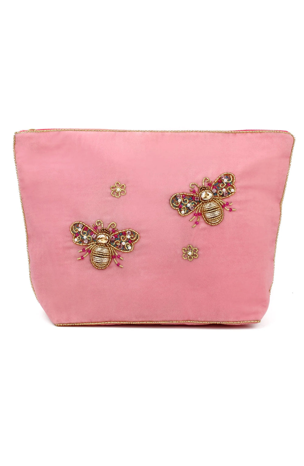 Handcrafted Pink Flower Bee large velvet pouch with beaded floral embroidery and zip closure