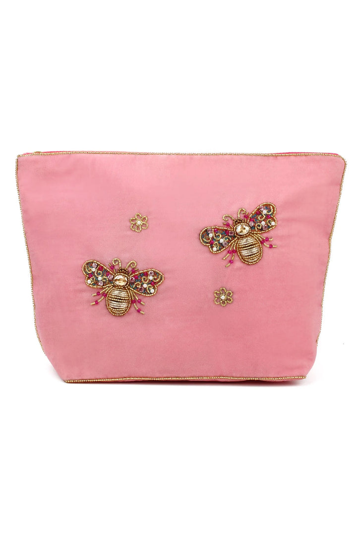 Handcrafted Pink Flower Bee large velvet pouch with beaded floral embroidery and zip closure