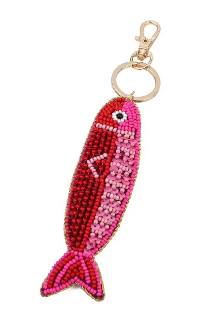 Red and pink fish beaded keyring and bag charm with shimmering sequin details