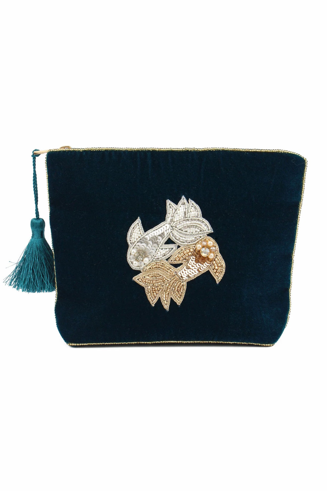 Handcrafted Pisces zodiac medium velvet pouch with intricate beaded design and zip closure