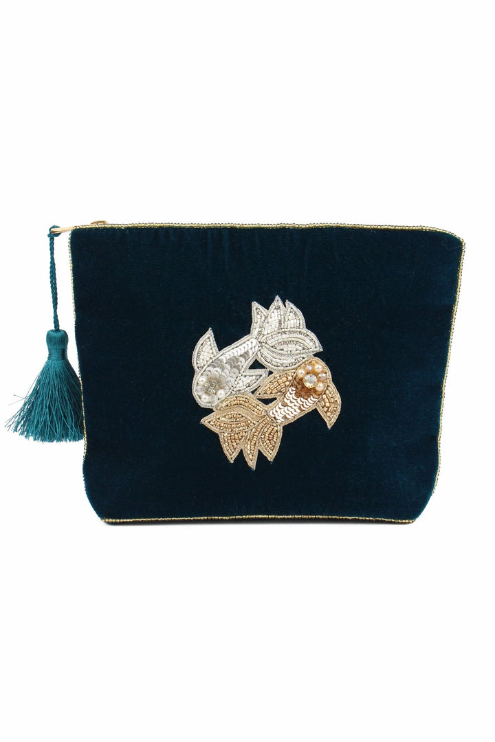 Handcrafted Pisces zodiac medium velvet pouch with intricate beaded design and zip closure