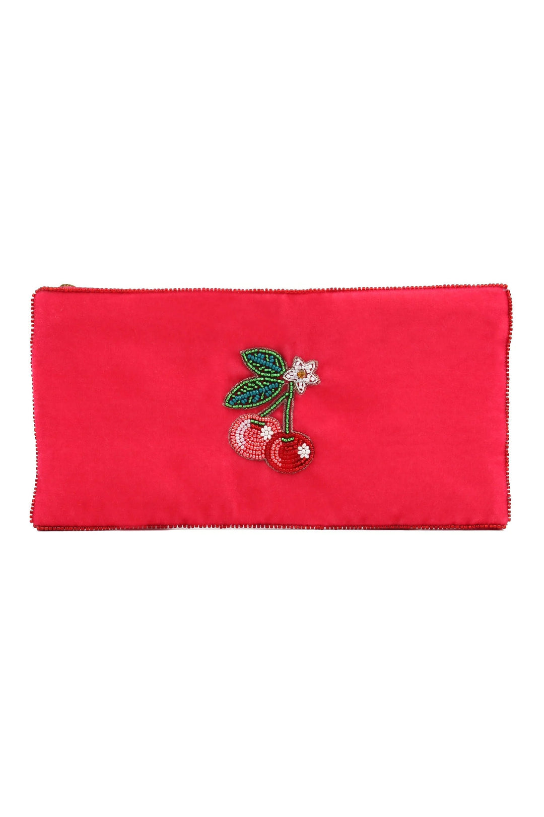 Handcrafted cherry beaded pouch with white and yellow floral detail