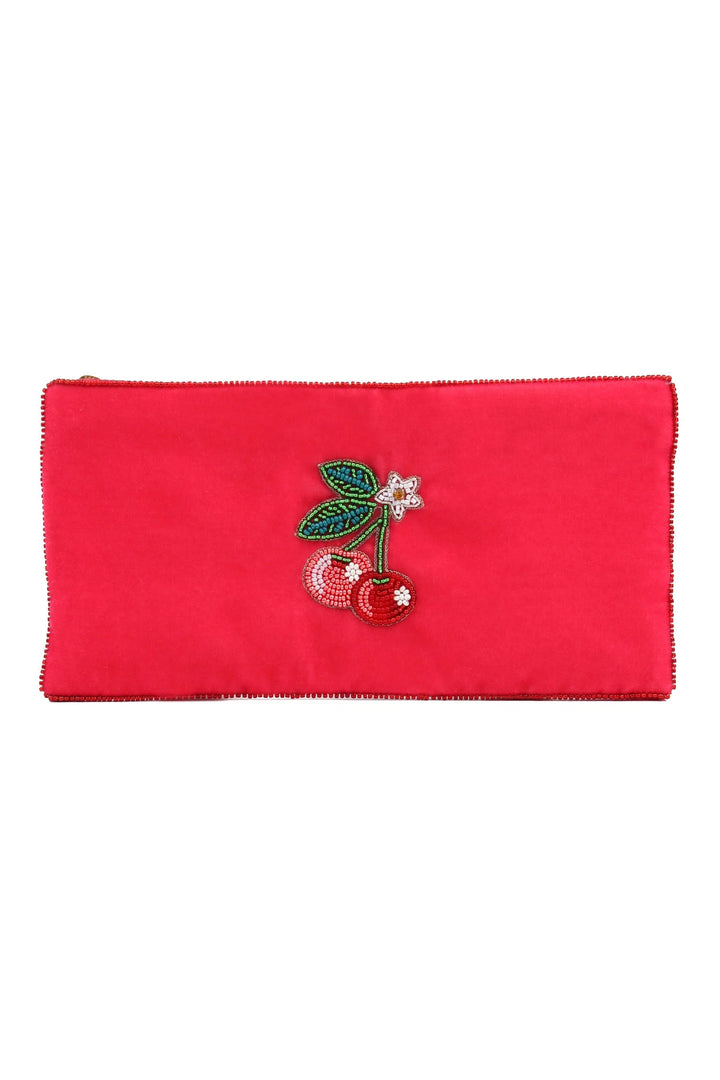 Handcrafted cherry beaded pouch with white and yellow floral detail