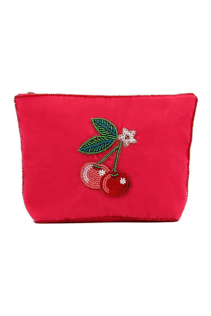 Handcrafted cherry beaded pouch with white and yellow floral detail