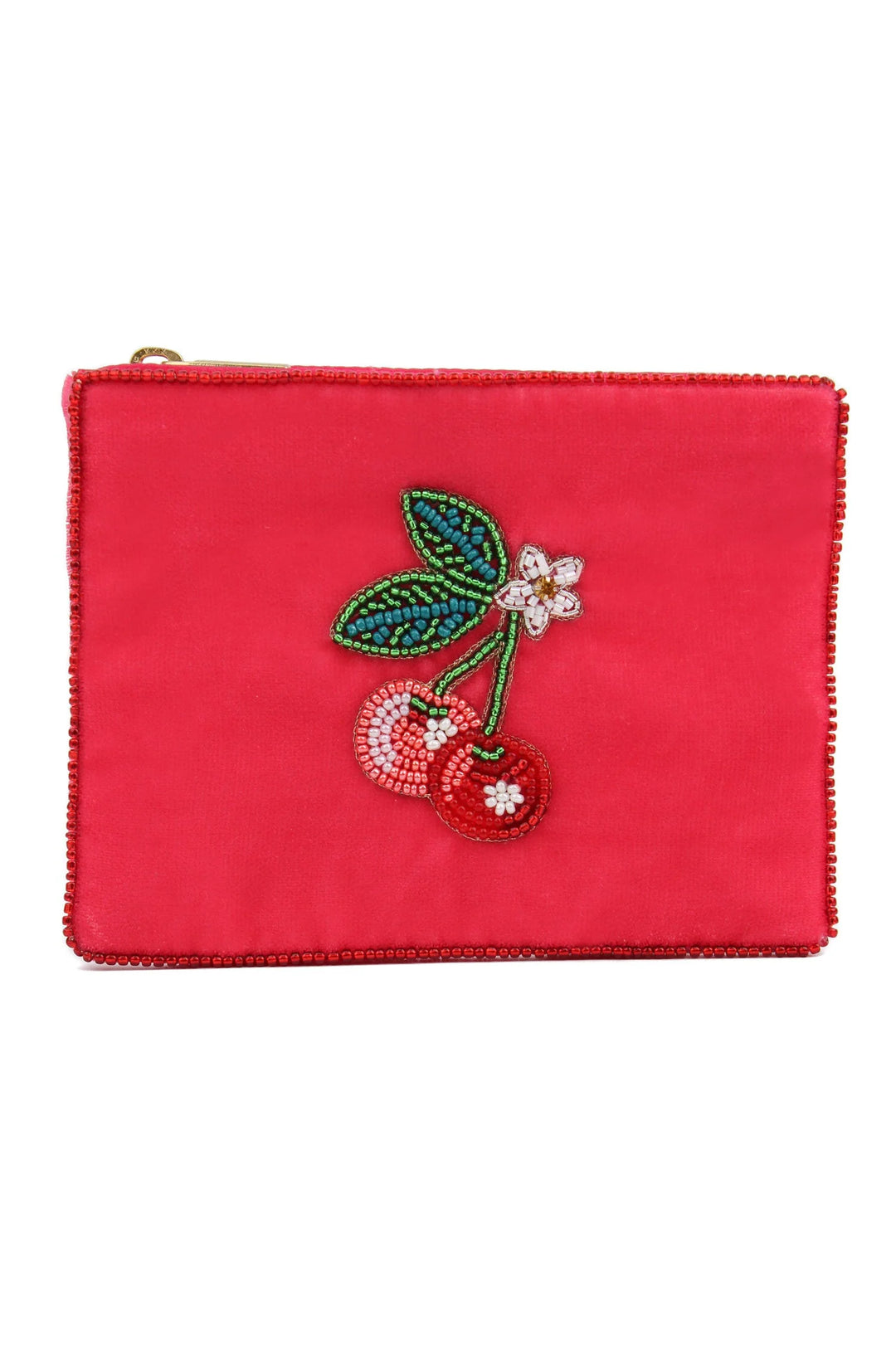 Handcrafted cherry beaded pouch with white and yellow floral detail