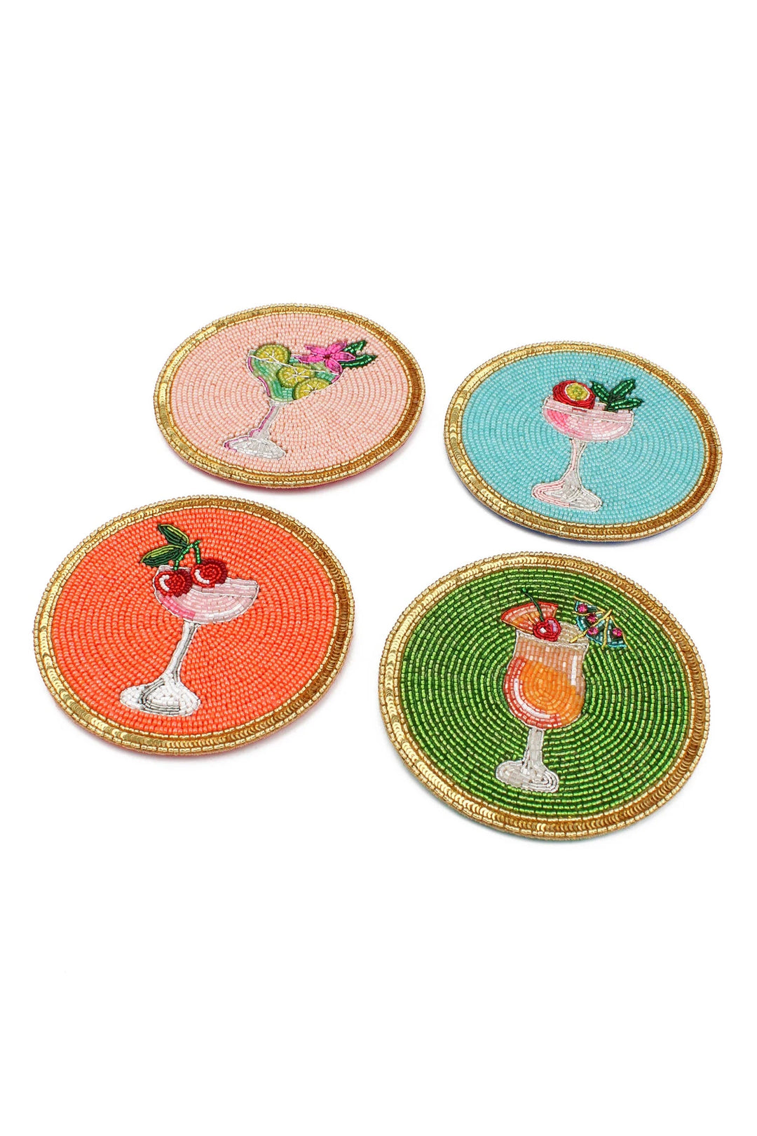 Set of four colourful beaded cocktail coasters with glass beads and sparkling sequin borders