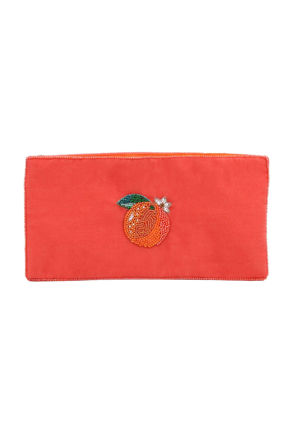 Orange multi-use beaded pouch with green and white detailing and sparkling gem accent