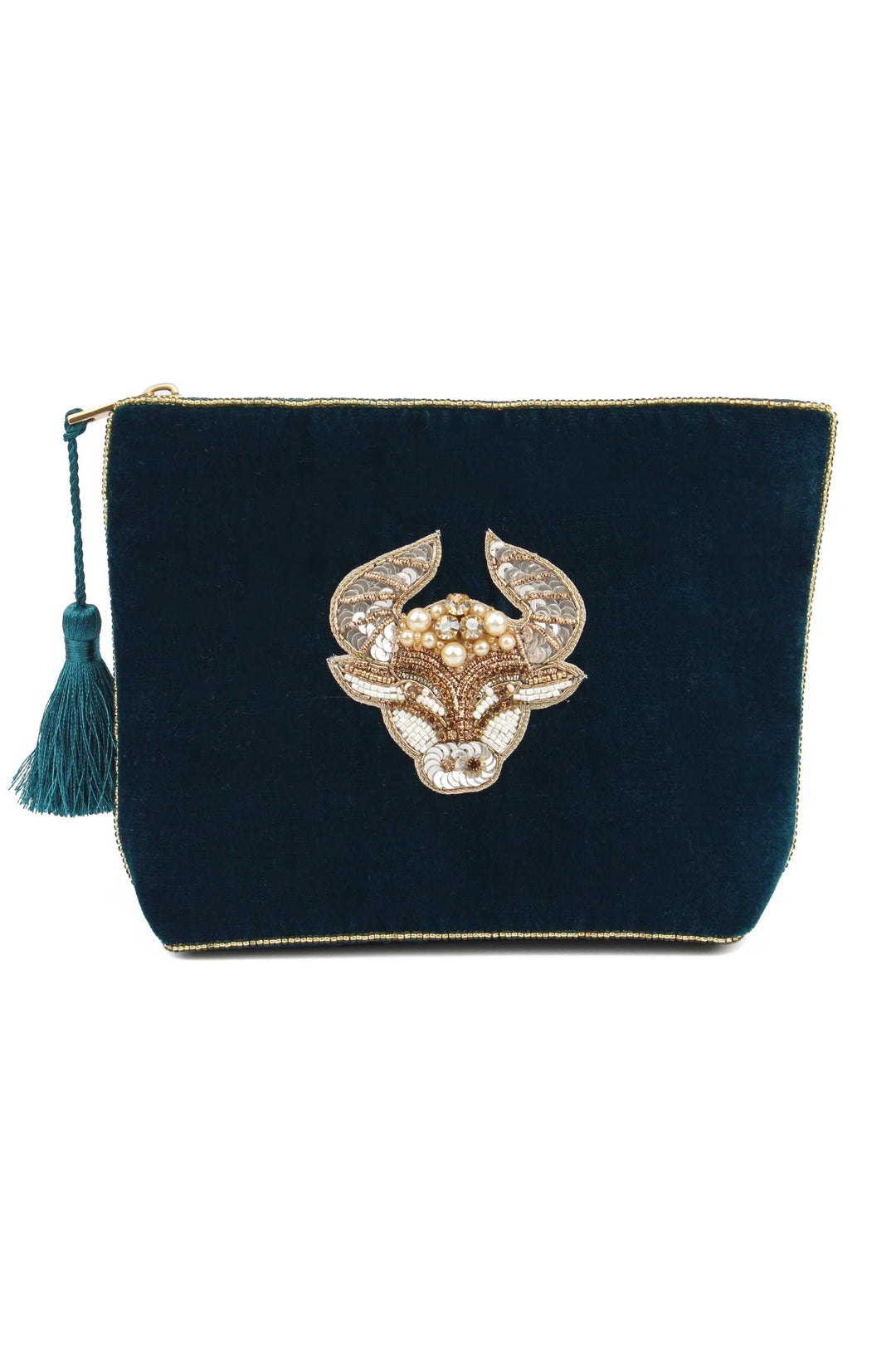 Handcrafted Taurus zodiac medium velvet pouch with intricate beaded design and zip closure
