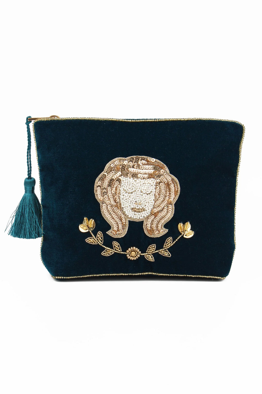 Handcrafted Virgo zodiac medium velvet pouch with intricate beaded design and zip closure