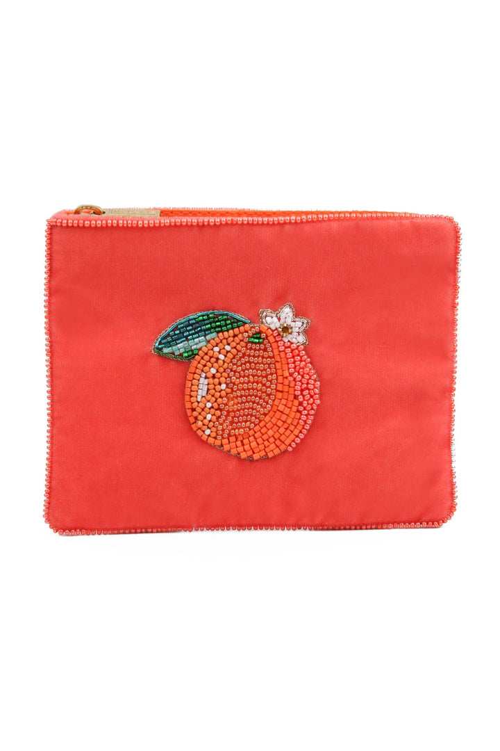 Orange multi-use beaded pouch with green and white detailing and sparkling gem accent