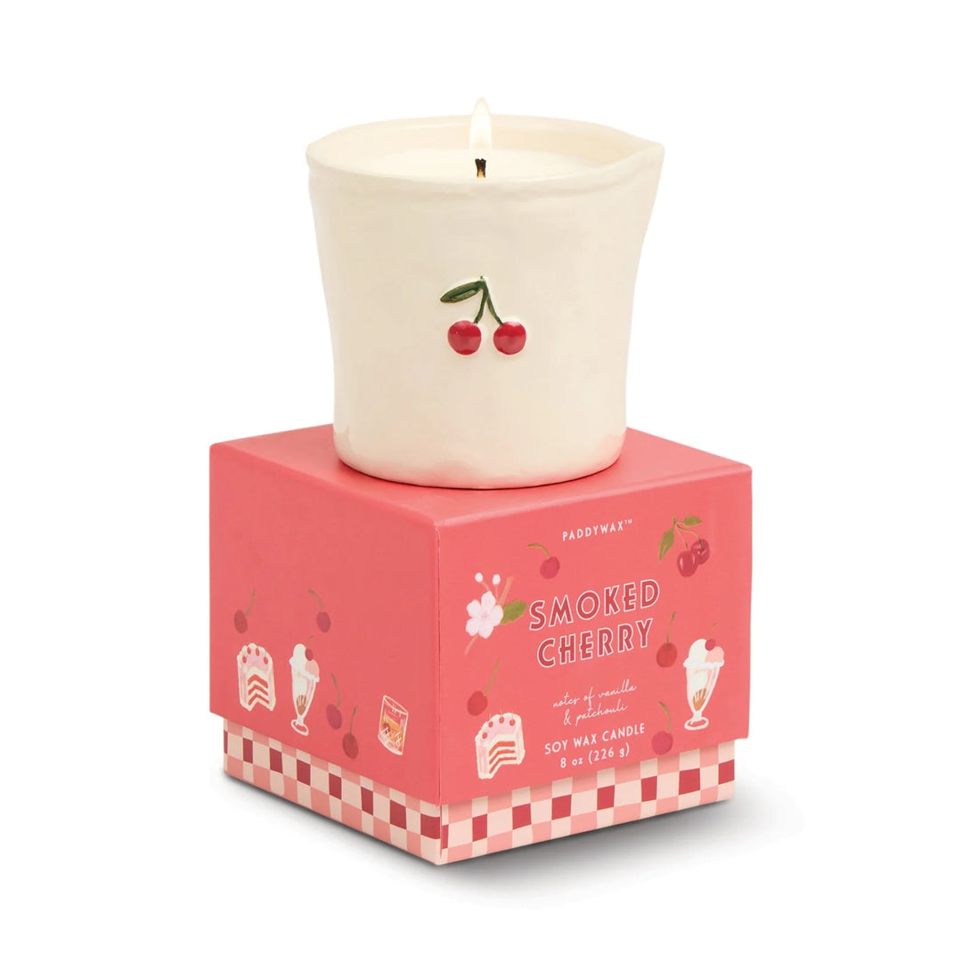 Embossed ceramic bistro scented candle with hand painted fruit detail and decorative gift box
