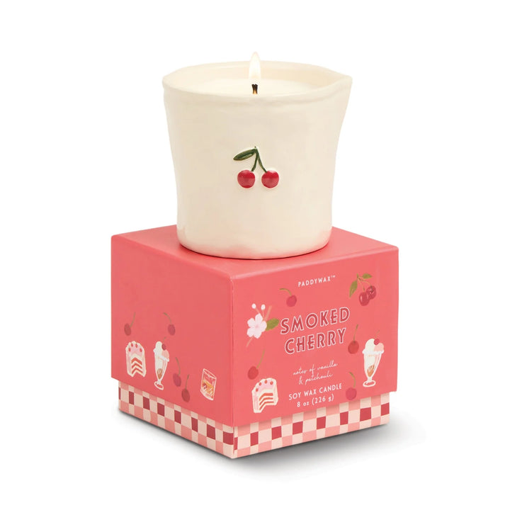 Embossed ceramic bistro scented candle with hand painted fruit detail and decorative gift box

