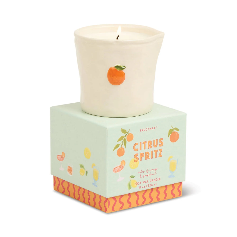 Embossed ceramic bistro scented candle with hand painted fruit detail and decorative gift box
