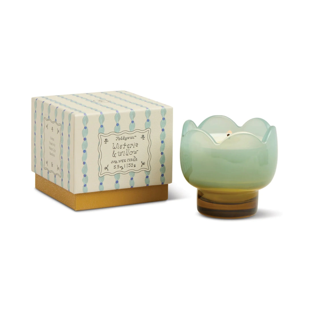 Tulip shaped glass scented candle with floral design and decorative gift box
