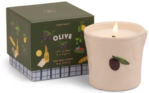 Embossed ceramic bistro scented candle with hand painted fruit detail and decorative gift box

