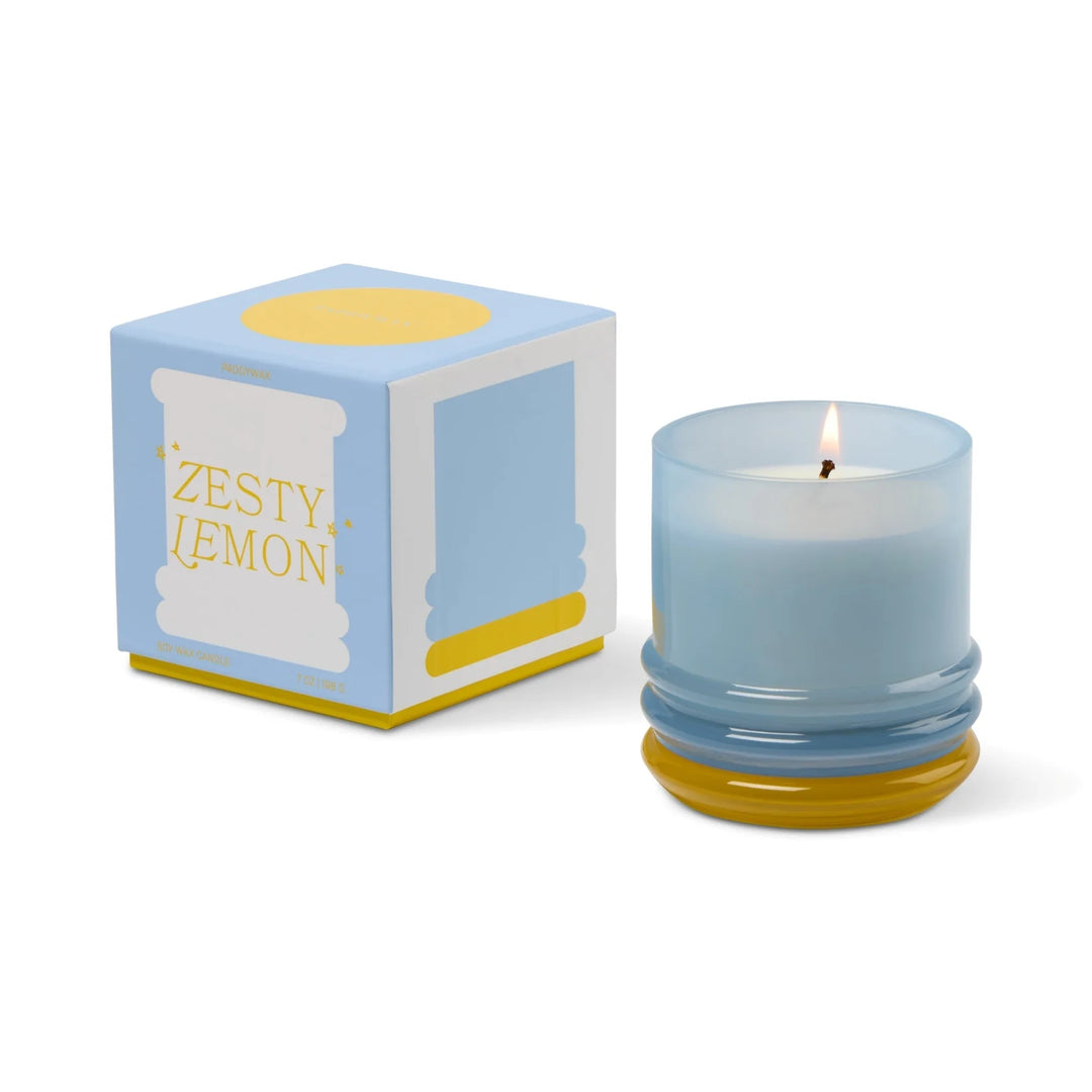 Colorful stack glass scented candle with reusable jar and decorative lid
