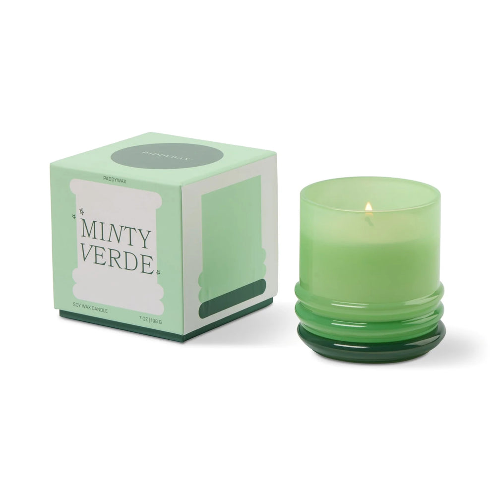 Colorful stack glass scented candle with reusable jar and decorative lid

