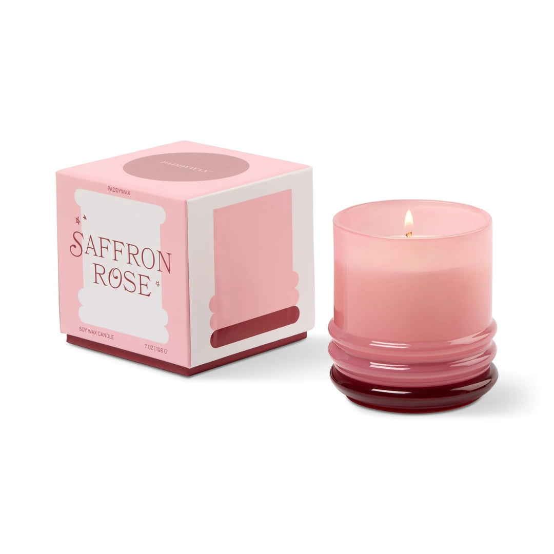 Colorful stack glass scented candle with reusable jar and decorative lid

