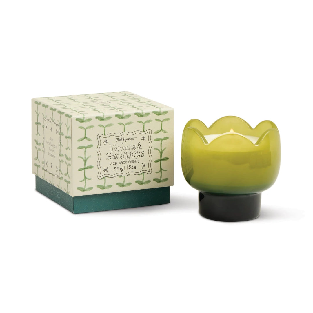 Tulip shaped glass scented candle with floral design and decorative gift box
