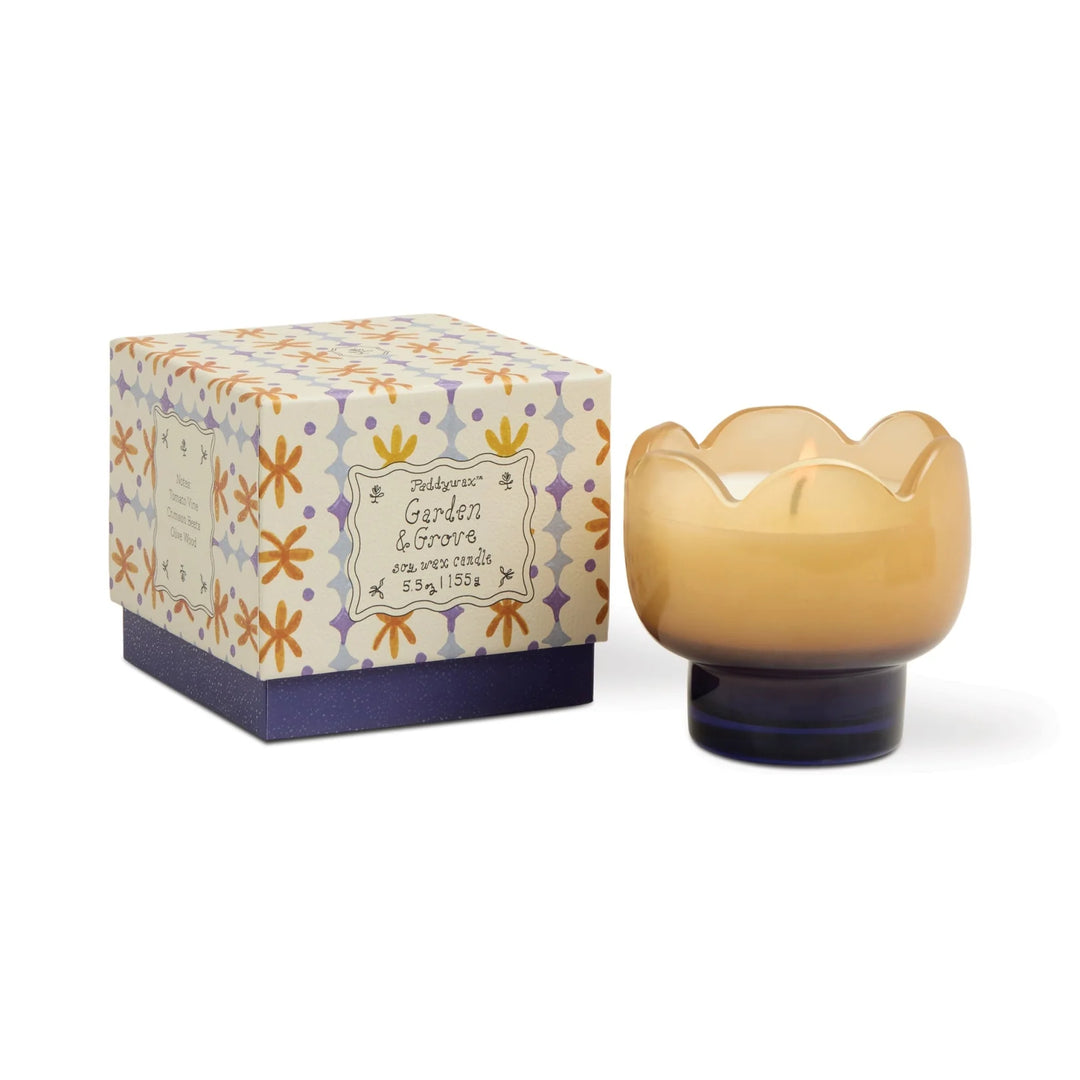 Tulip shaped glass scented candle with floral design and decorative gift box
