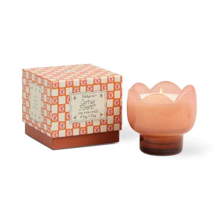 Tulip shaped glass scented candle with floral design and decorative gift box
