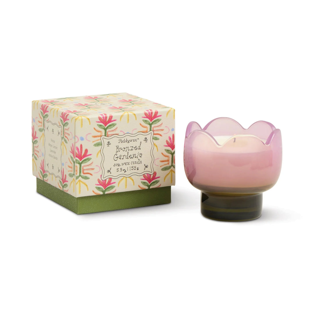Tulip shaped glass scented candle with floral design and decorative gift box
