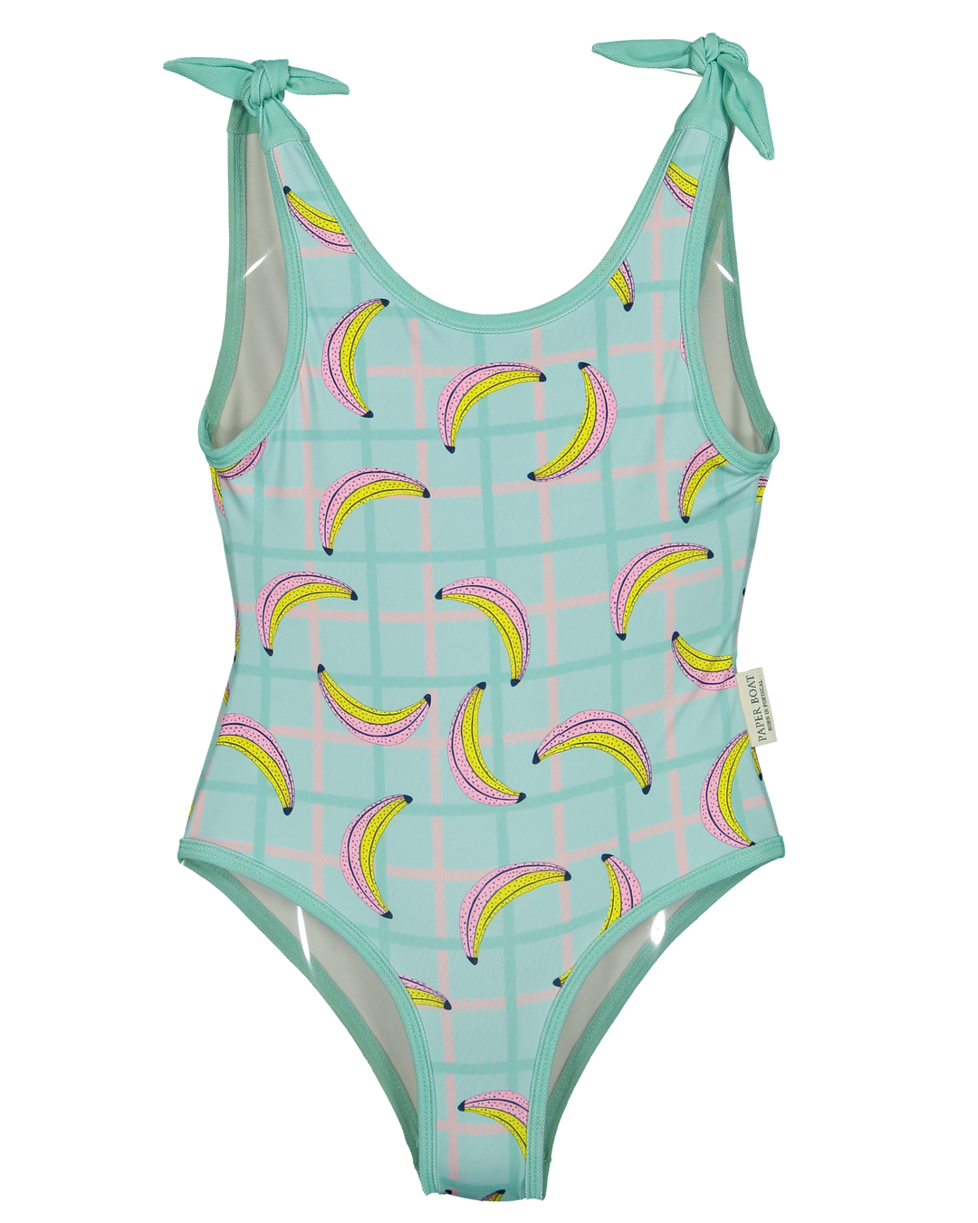 kids banana print swimsuit aqua one piece with tie shoulder straps