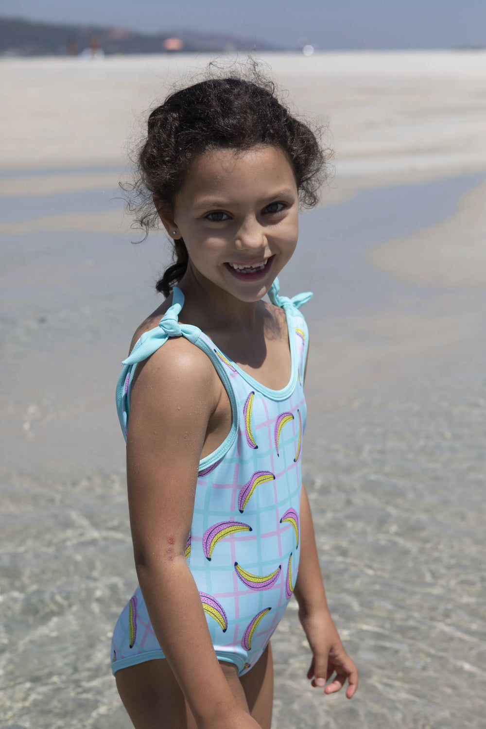 kids banana print swimsuit aqua one piece with tie shoulder straps