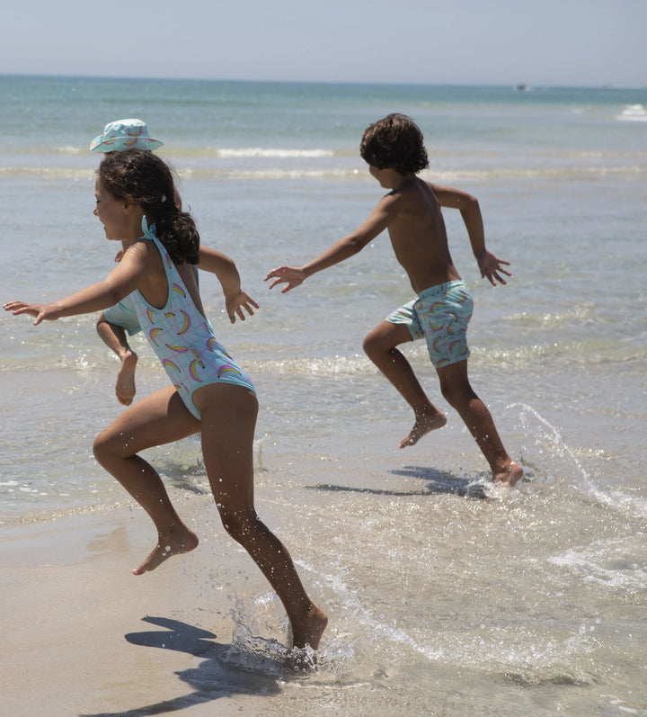 kids banana print swimsuit aqua one piece with tie shoulder straps