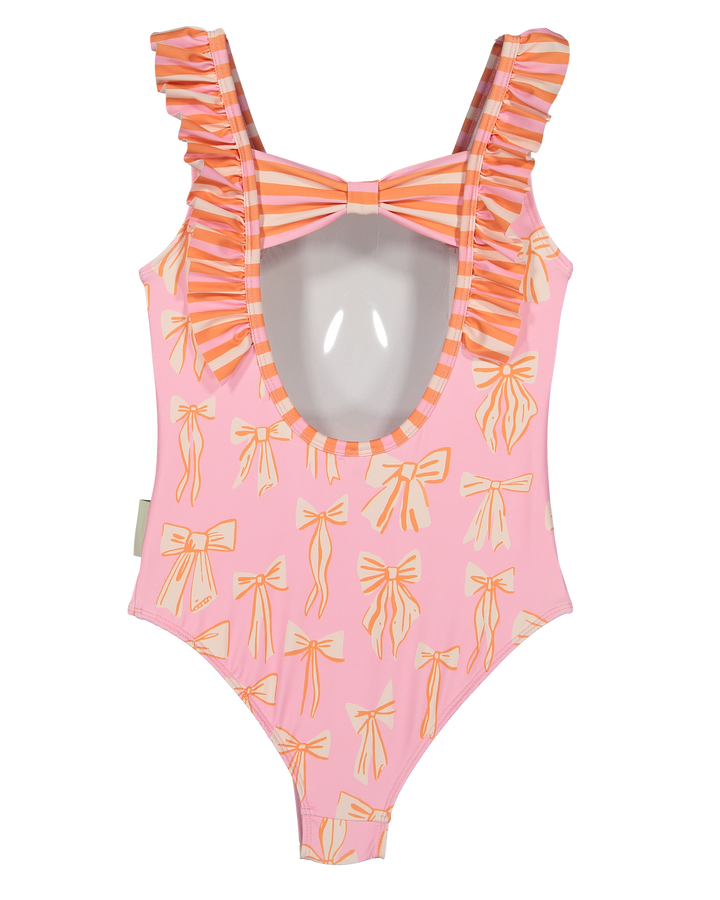 girls pink bow print ruffle strap swimsuit
