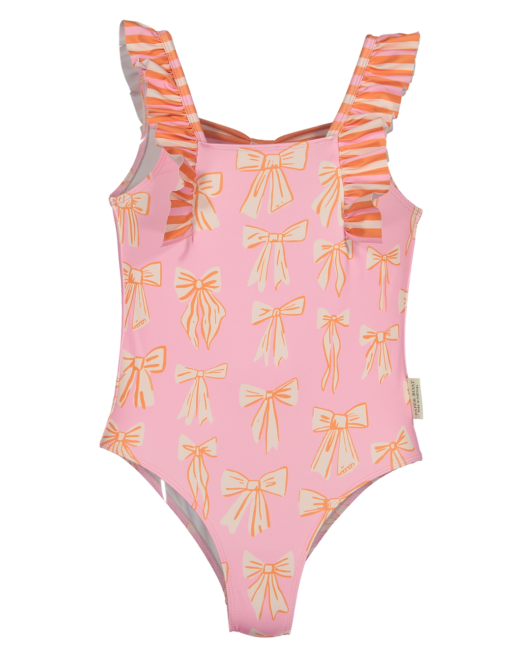girls pink bow print ruffle strap swimsuit
