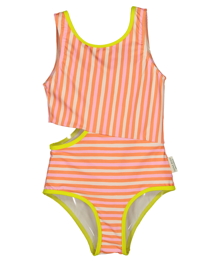 girls pink orange striped cut out swimsuit
