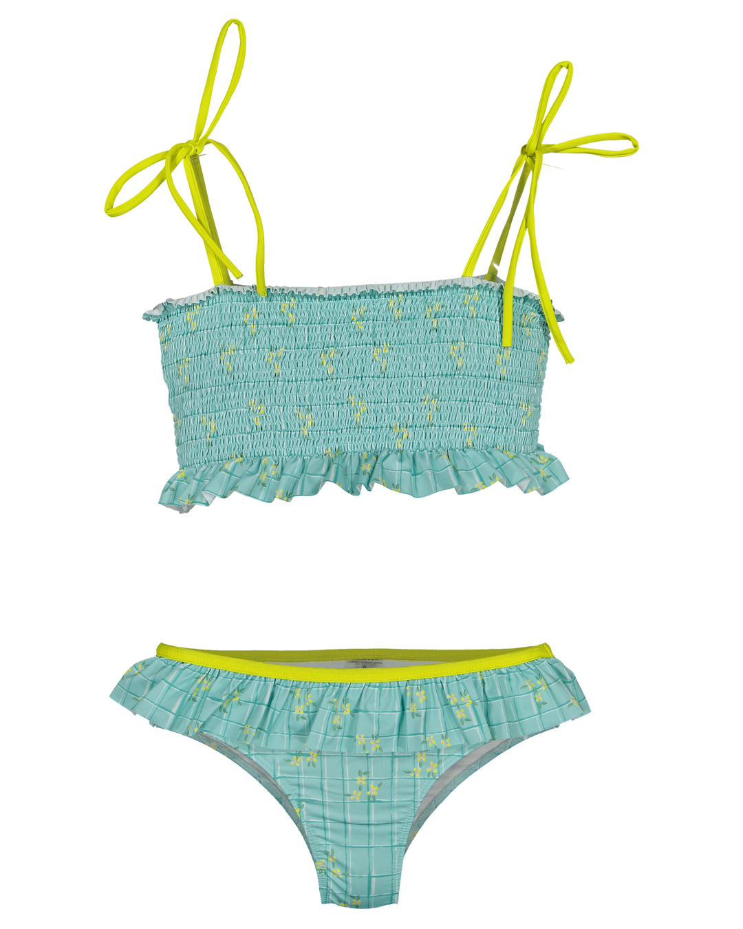 girls smocked bikini set aqua floral ruffle two piece swimwear
