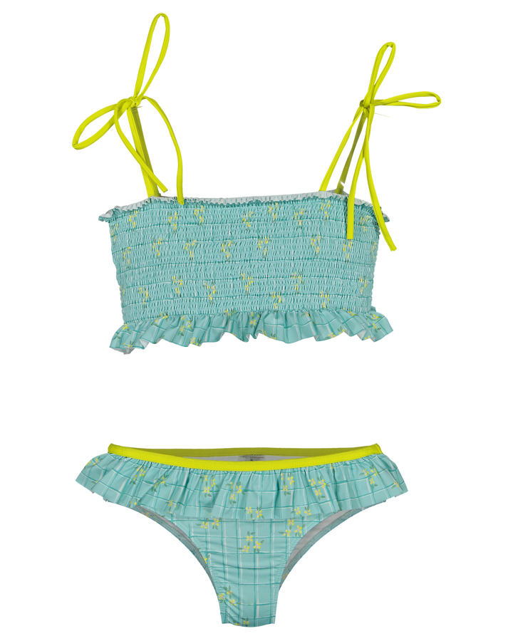 girls smocked bikini set aqua floral ruffle two piece swimwear
