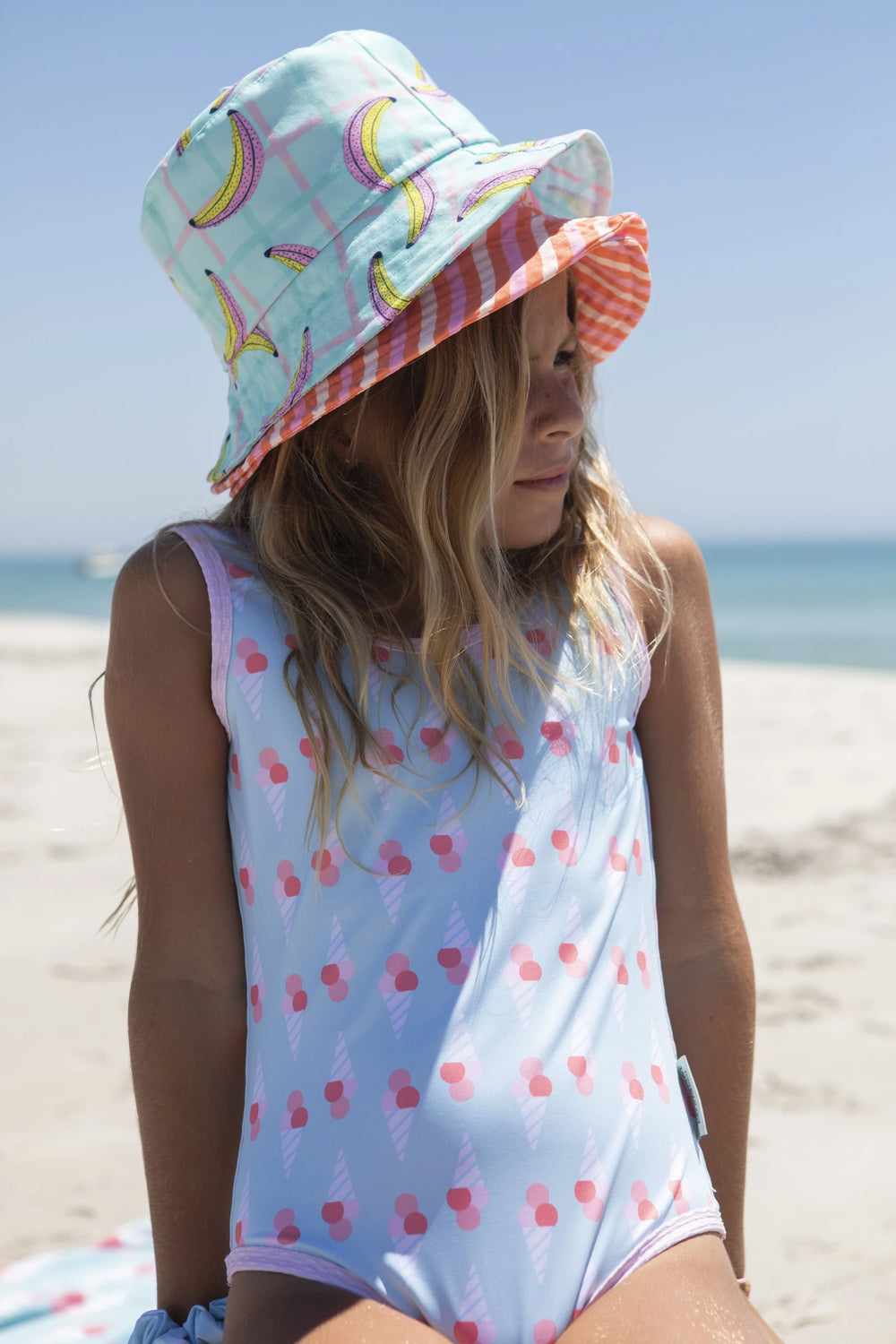 kids banana print bucket hat aqua summer sun hat
