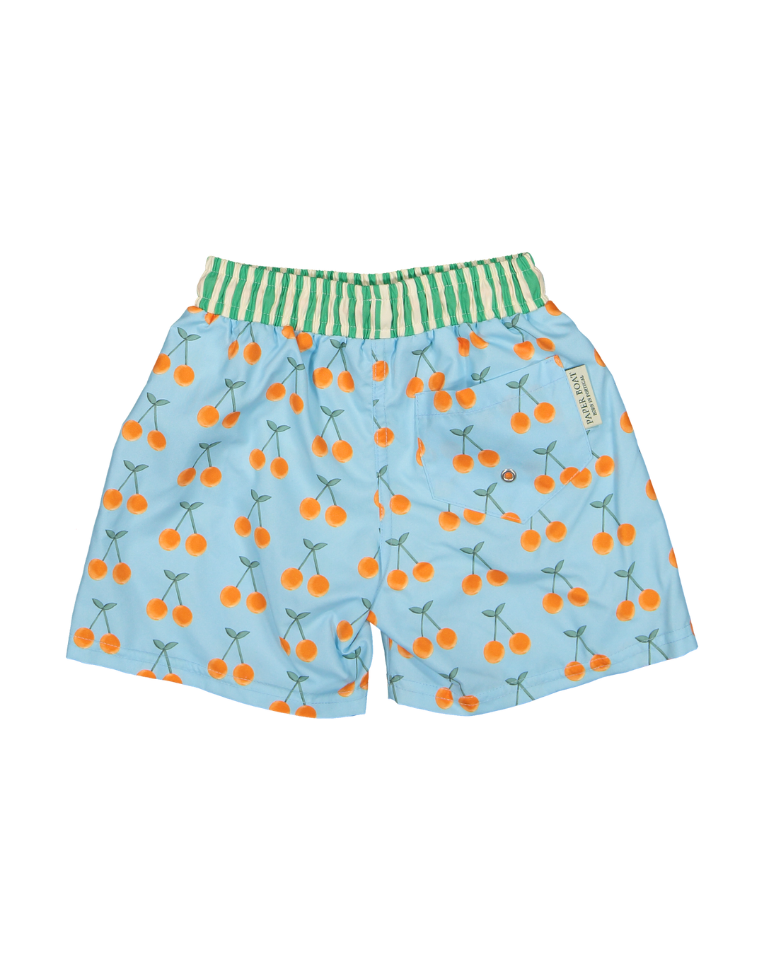 boys cherry print swim shorts blue striped waistband
