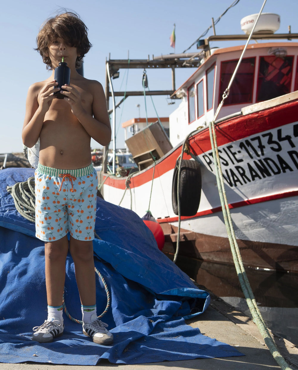 boys cherry print swim shorts blue striped waistband
